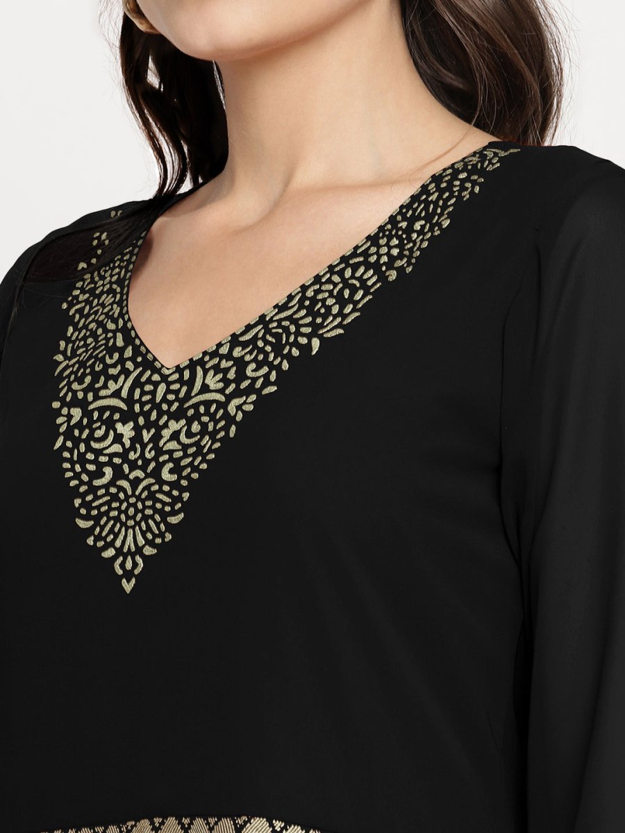 Ahalyaa Women's Black Georgette Gold Foil Print Flared Kurta with Dupatta | Grocsy