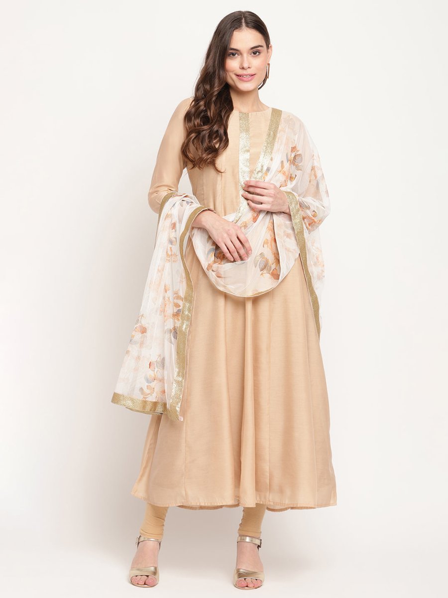Ahalyaa Beige & Off-White Beautiful Anarkali Kurta with Dupatta | Grocsy