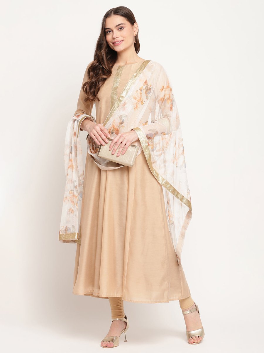 Ahalyaa Beige & Off-White Beautiful Anarkali Kurta with Dupatta | Grocsy