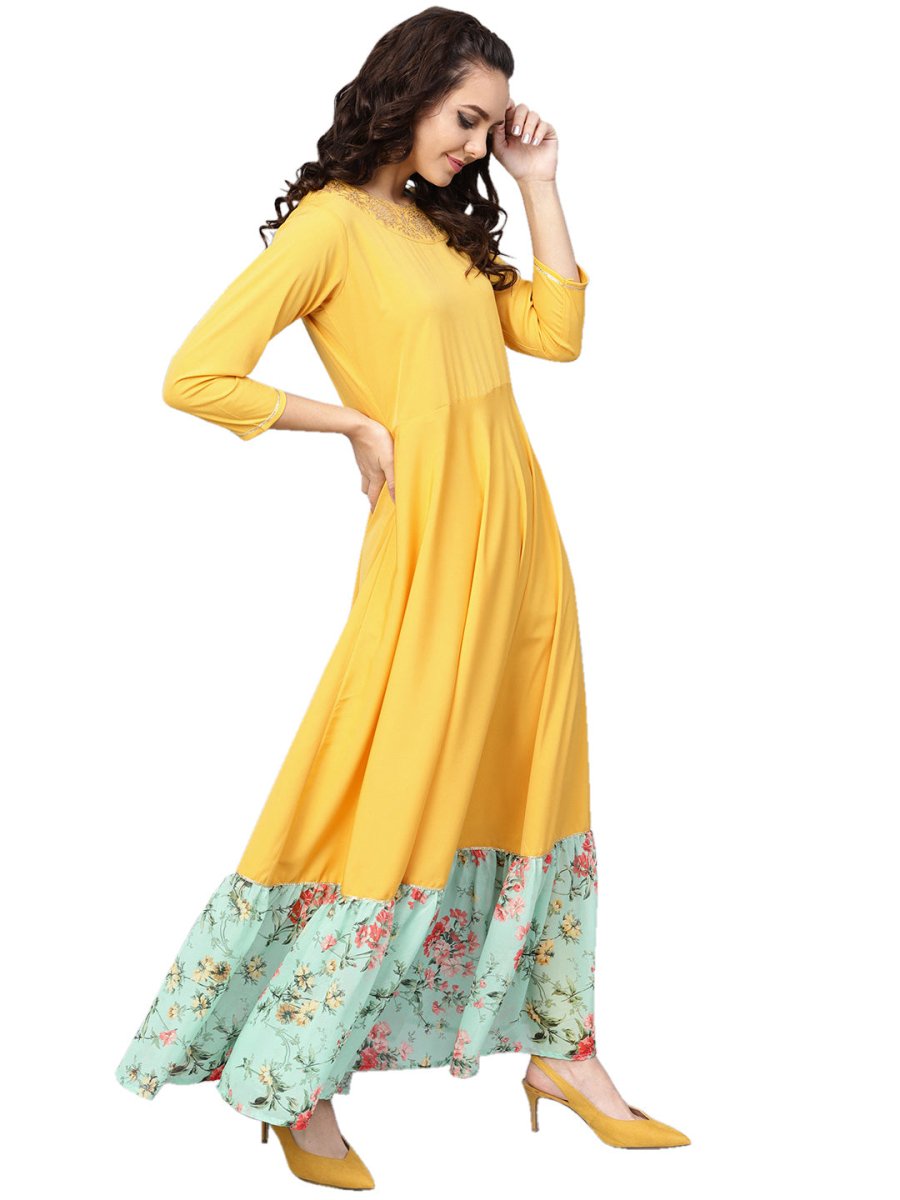 Ahalyaa Mustard Straight Crepe Kurta Set | Grocsy
