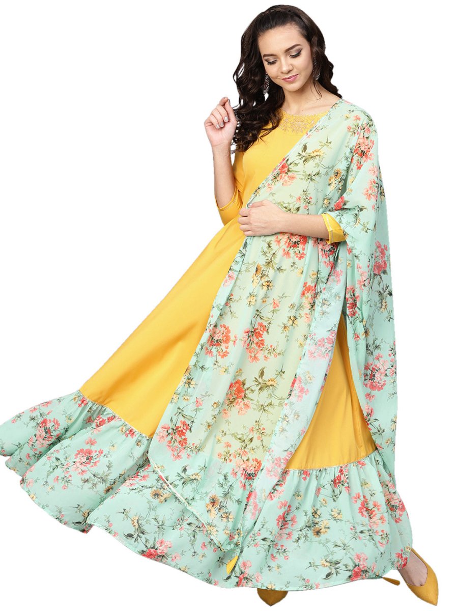 Ahalyaa Mustard Straight Crepe Kurta Set | Grocsy