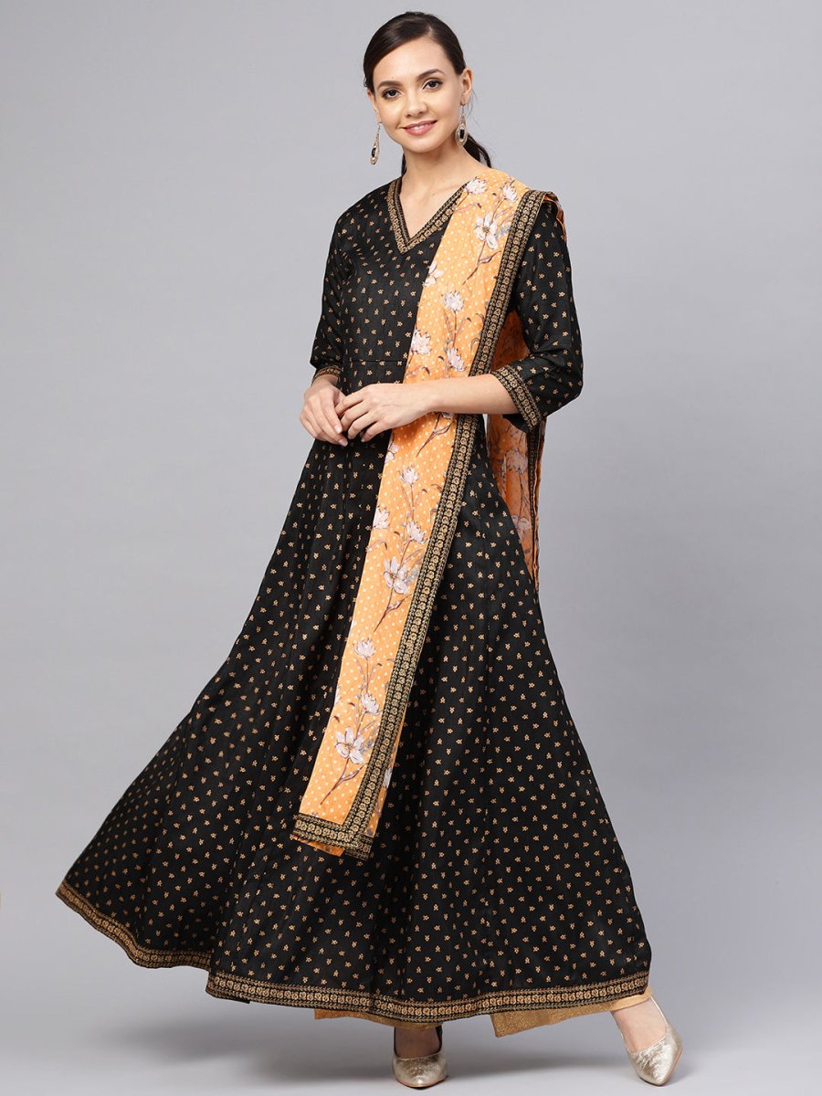 Ahalyaa Black and Gold Printed Anarkali Kurta Set For Women | Grocsy