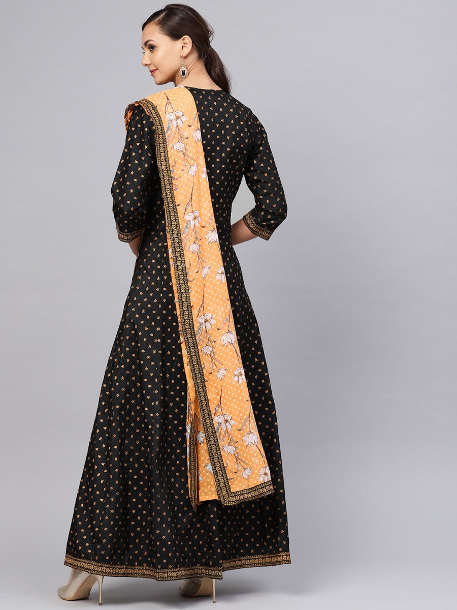 Ahalyaa Black and Gold Printed Anarkali Kurta Set For Women | Grocsy