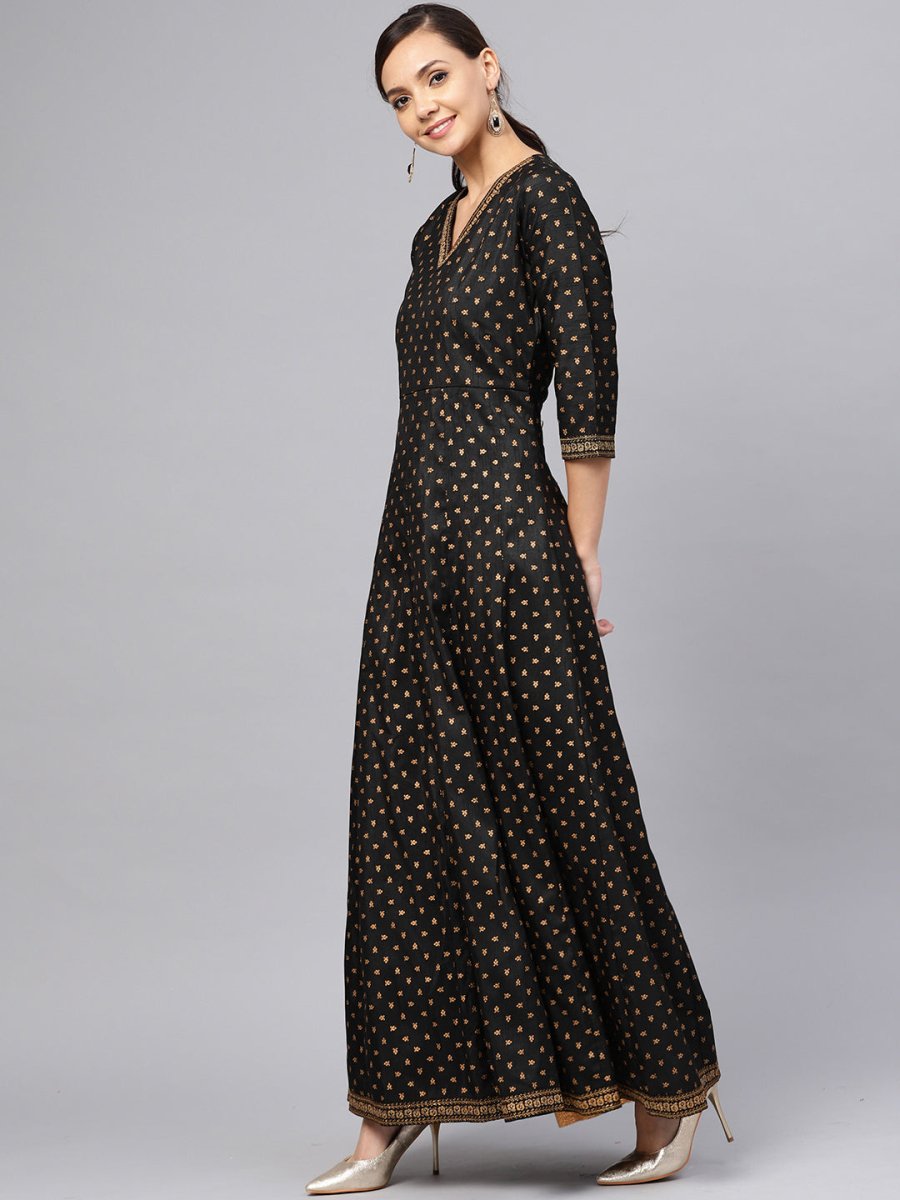 Ahalyaa Black and Gold Printed Anarkali Kurta Set For Women | Grocsy