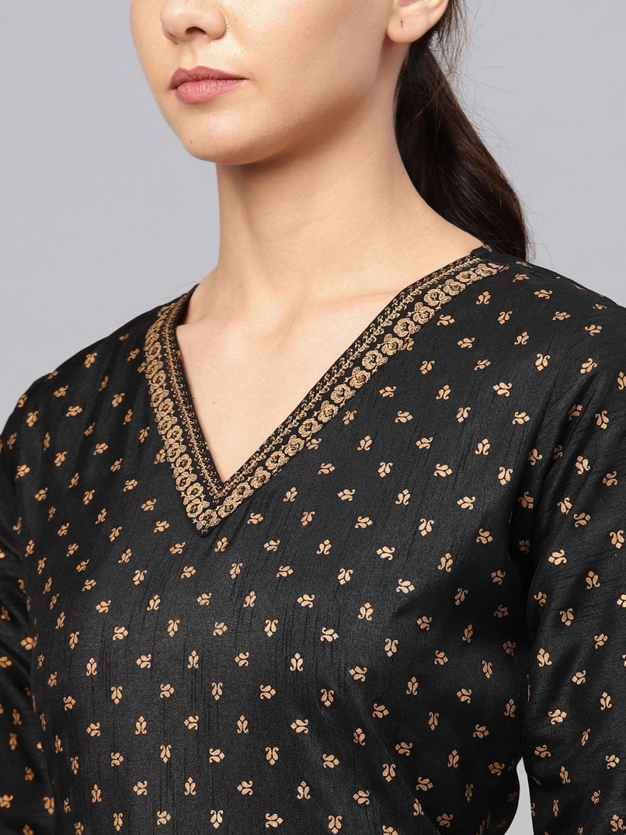 Ahalyaa Black and Gold Printed Anarkali Kurta Set For Women | Grocsy