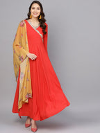Ahalyaa Women Red Mustard Yellow Solid Angrakha A-Line Dress with Dupatta | Grocsy