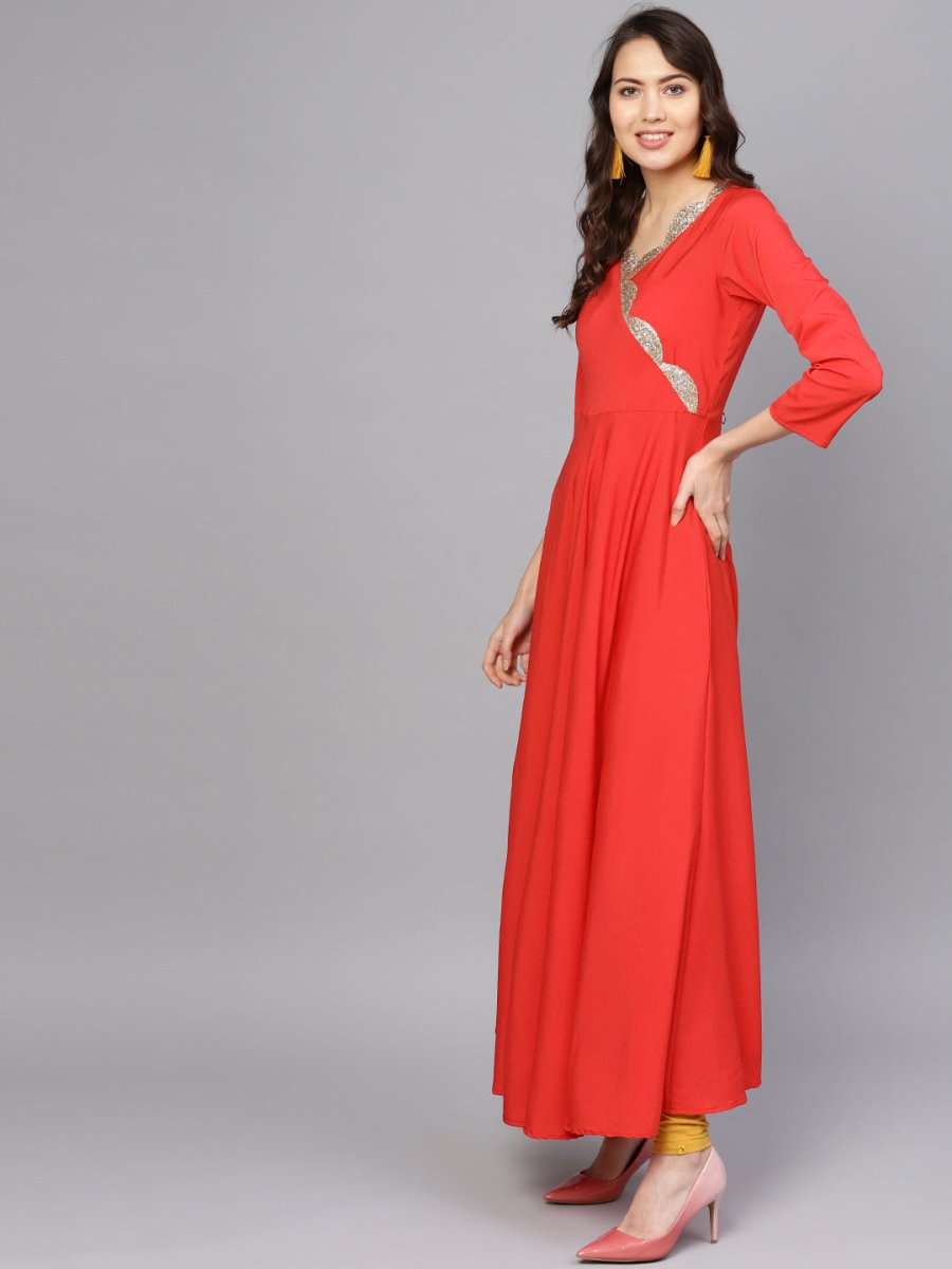 Ahalyaa Women Red Mustard Yellow Solid Angrakha A-Line Dress with Dupatta | Grocsy