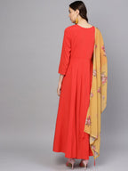 Ahalyaa Women Red Mustard Yellow Solid Angrakha A-Line Dress with Dupatta | Grocsy