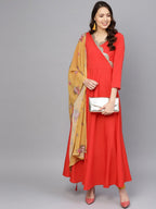Ahalyaa Women Red Mustard Yellow Solid Angrakha A-Line Dress with Dupatta | Grocsy