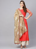 Ahalyaa Women Coral Red Solid A-Line Kurta With Dupatta | Grocsy