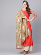 Ahalyaa Women Coral Red Solid A-Line Kurta With Dupatta | Grocsy
