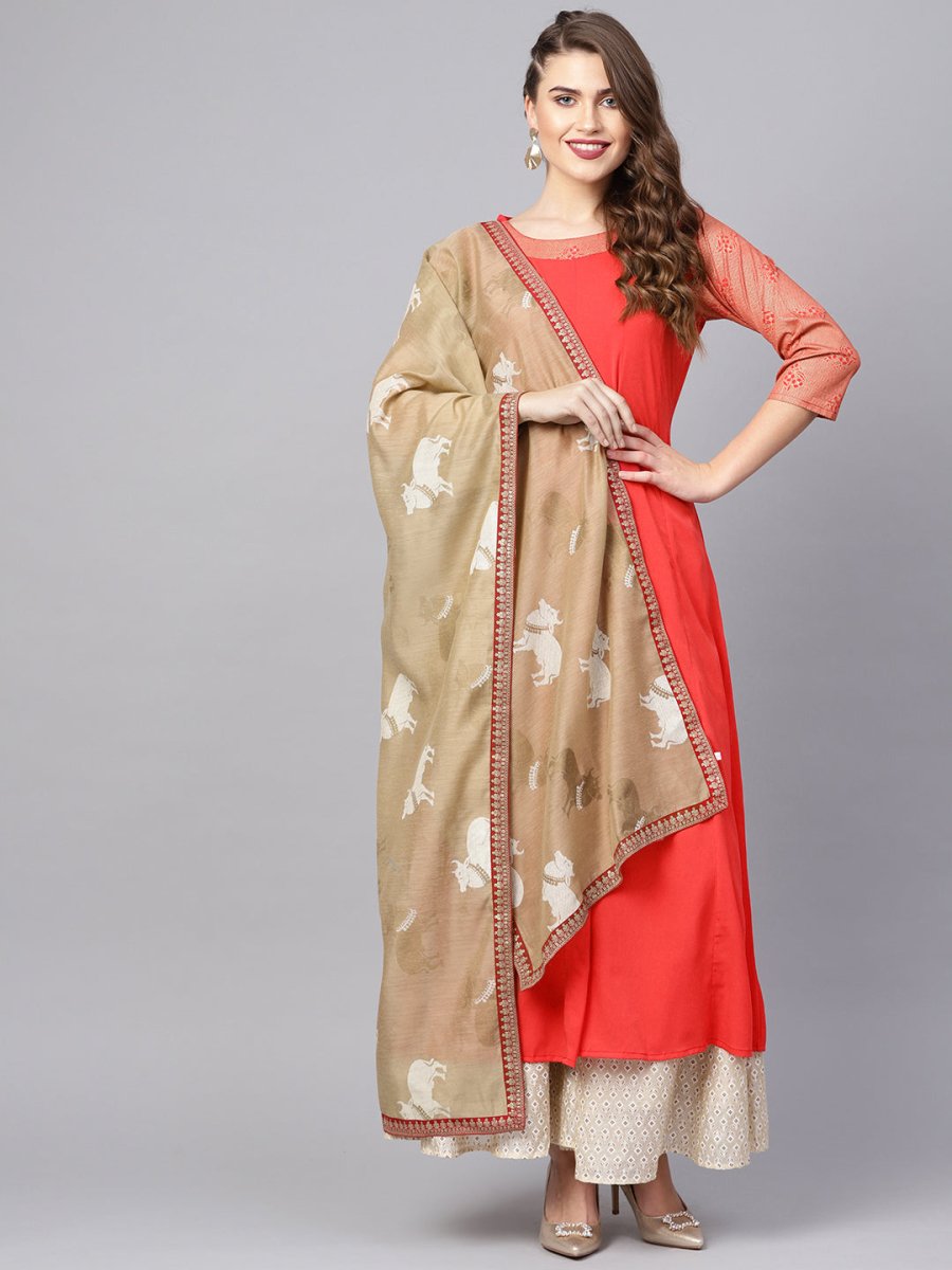 Ahalyaa Women Coral Red Solid A-Line Kurta With Dupatta | Grocsy