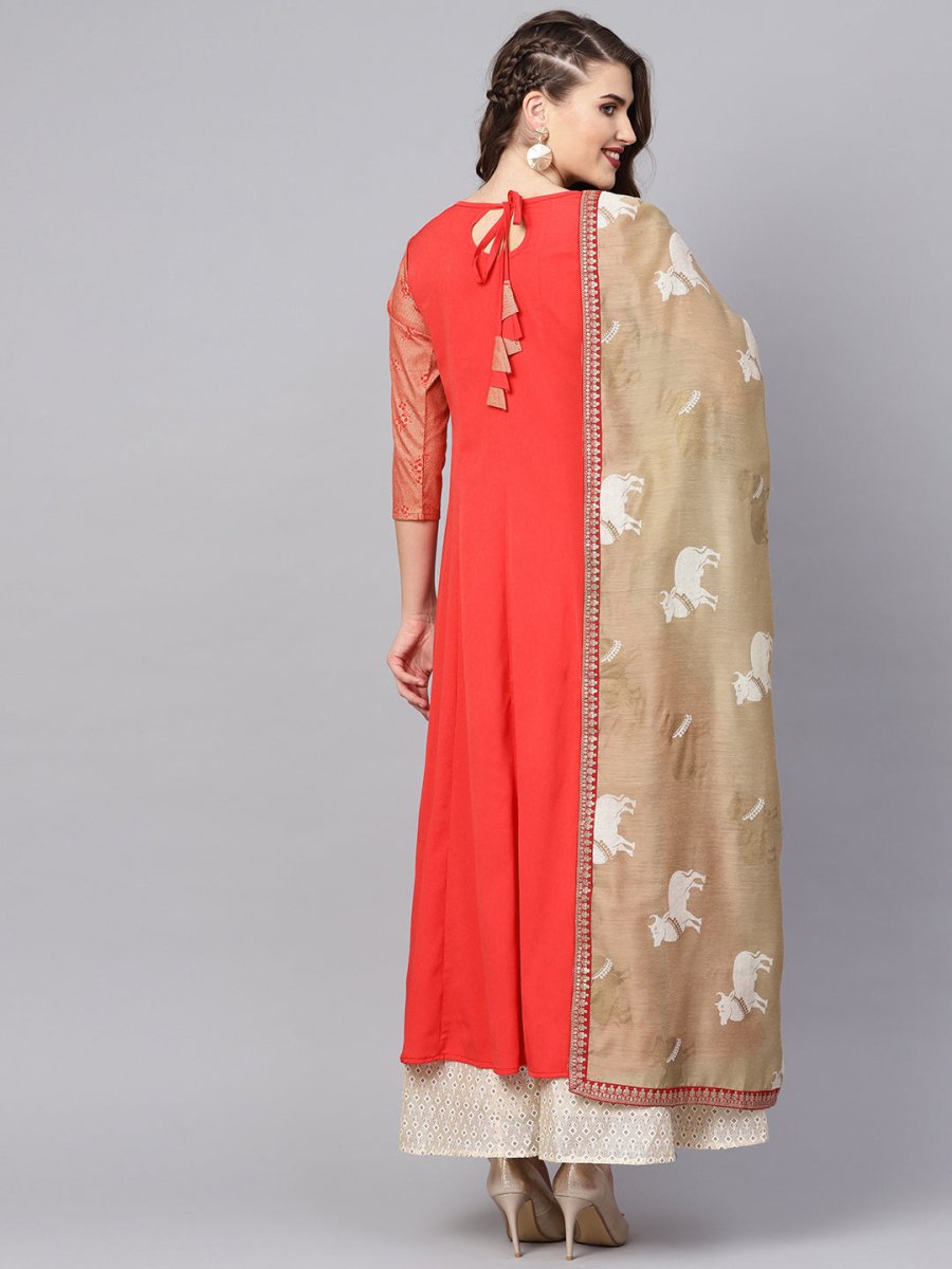 Ahalyaa Women Coral Red Solid A-Line Kurta With Dupatta | Grocsy