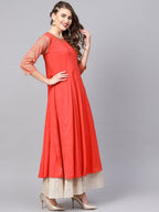 Ahalyaa Women Coral Red Solid A-Line Kurta With Dupatta | Grocsy
