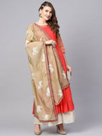Ahalyaa Women Coral Red Solid A-Line Kurta With Dupatta | Grocsy