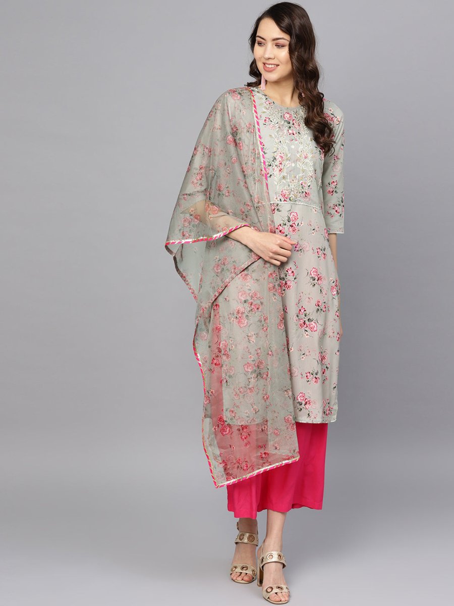 Ahalyaa Women Grey & Pink Printed Beautiful Straight Kurta with Dupatta | Grocsy