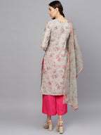 Ahalyaa Women Grey & Pink Printed Beautiful Straight Kurta with Dupatta | Grocsy