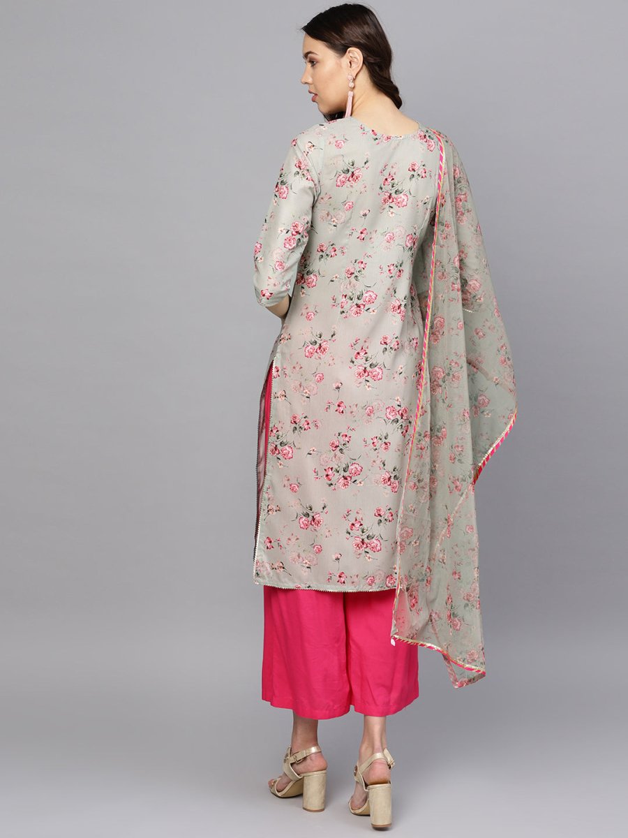 Ahalyaa Women Grey & Pink Printed Beautiful Straight Kurta with Dupatta | Grocsy