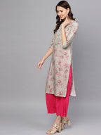 Ahalyaa Women Grey & Pink Printed Beautiful Straight Kurta with Dupatta | Grocsy