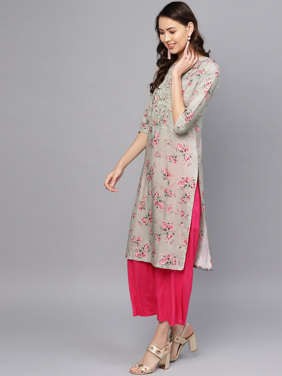 Ahalyaa Women Grey & Pink Printed Beautiful Straight Kurta with Dupatta | Grocsy