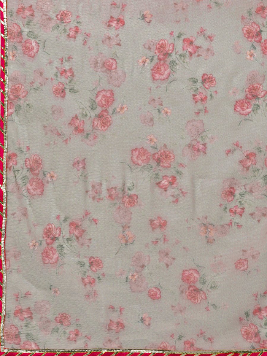 Ahalyaa Women Grey & Pink Printed Beautiful Straight Kurta with Dupatta | Grocsy