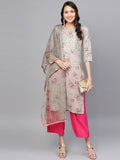 Ahalyaa Women Grey & Pink Printed Beautiful Straight Kurta with Dupatta | Grocsy