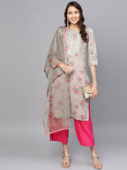Ahalyaa Women Grey & Pink Printed Beautiful Straight Kurta with Dupatta | Grocsy