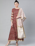 Ahalyaa Women Maroon & Off-White Printed Anarkali Kurta with Beautiful Dupatta | Grocsy