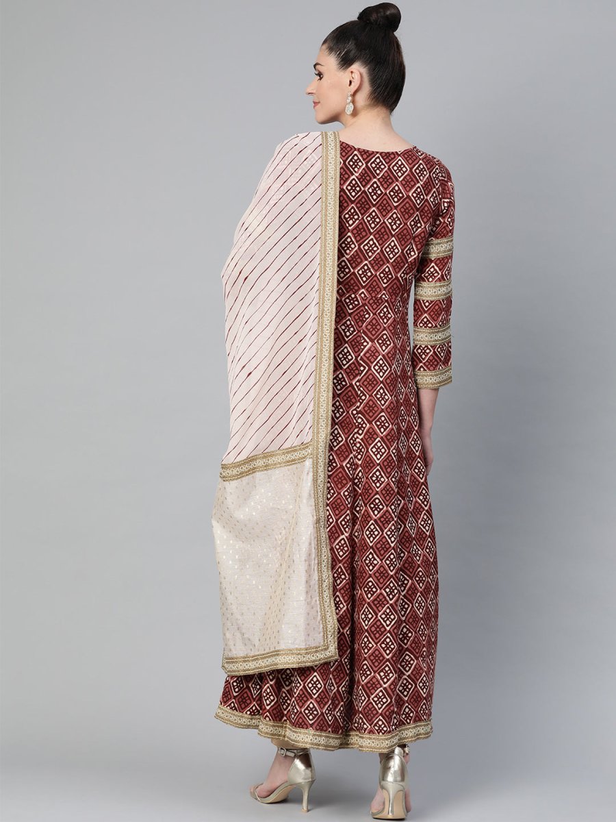 Ahalyaa Women Maroon & Off-White Printed Anarkali Kurta with Beautiful Dupatta | Grocsy