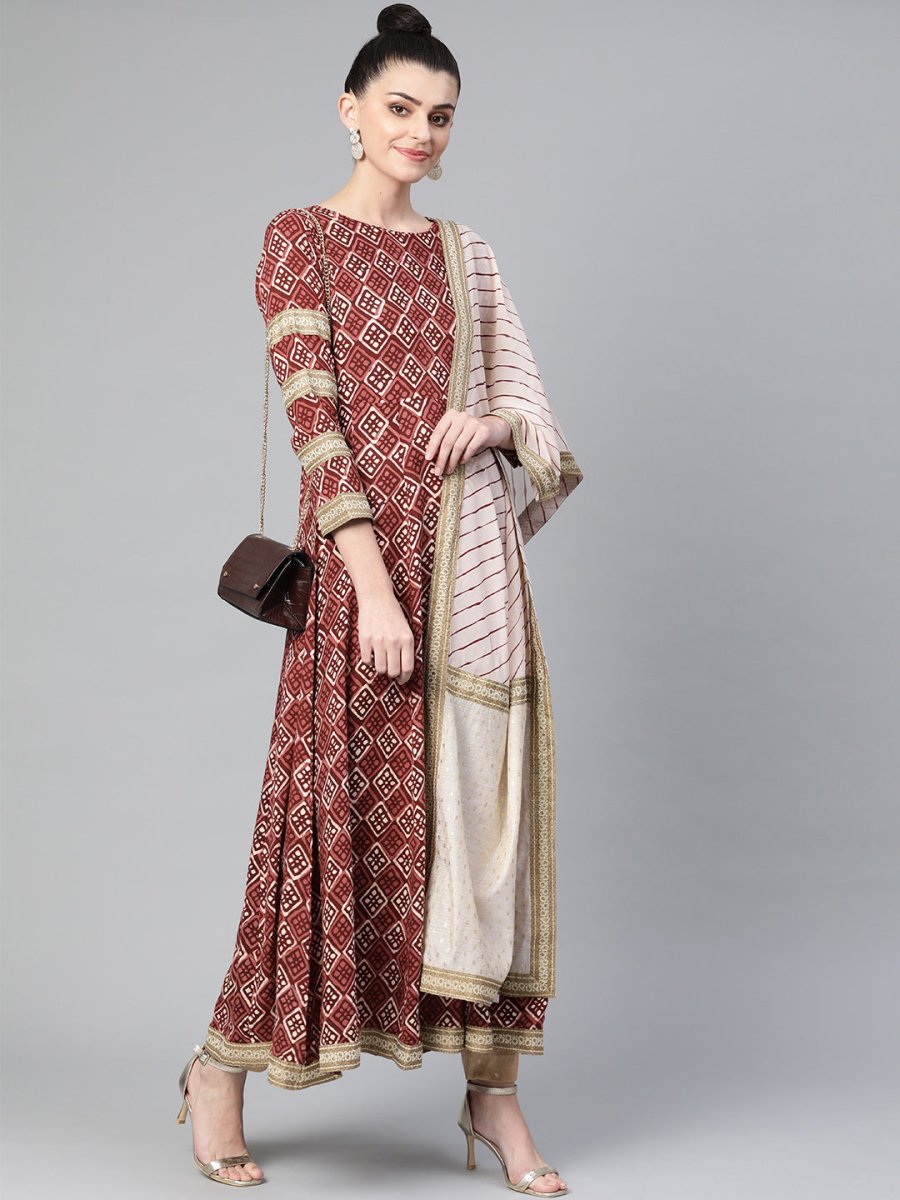 Ahalyaa Women Maroon & Off-White Printed Anarkali Kurta with Beautiful Dupatta | Grocsy