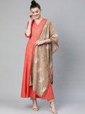 Ahalyaa Women Red & Golden Printed Beautiful A-Line Kurta with Dupatta | Grocsy