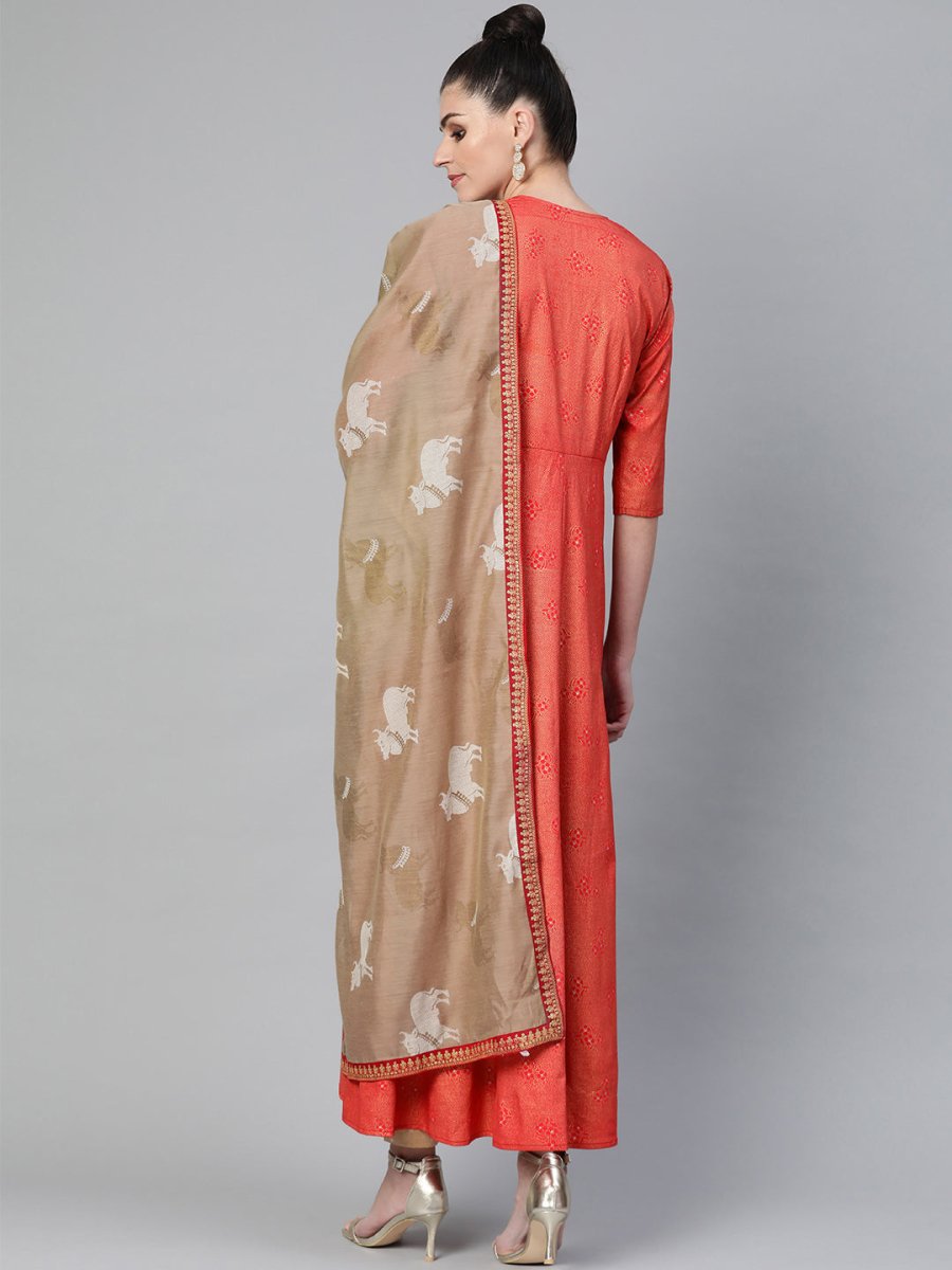 Ahalyaa Women Red & Golden Printed Beautiful A-Line Kurta with Dupatta | Grocsy