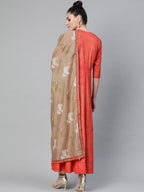 Ahalyaa Women Red & Golden Printed Beautiful A-Line Kurta with Dupatta | Grocsy