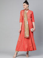 Ahalyaa Women Red & Golden Printed Beautiful A-Line Kurta with Dupatta | Grocsy