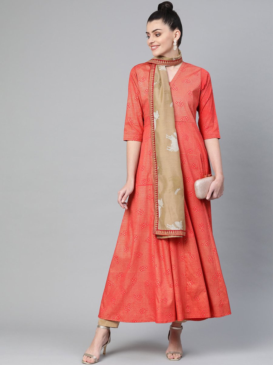 Ahalyaa Women Red & Golden Printed Beautiful A-Line Kurta with Dupatta | Grocsy