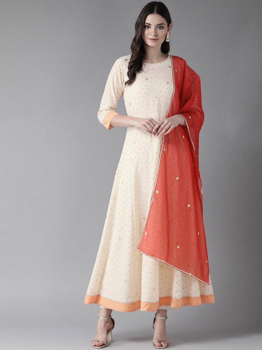 Ahalyaa Cream Kurta with Dupatta Set | Grocsy