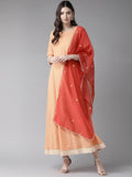 Ahalyaa Peach-Coloured & Rust Orange Printed Maxi Dress With Dupatta | Grocsy