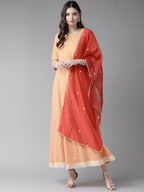 Ahalyaa Peach-Coloured & Rust Orange Printed Maxi Dress With Dupatta | Grocsy