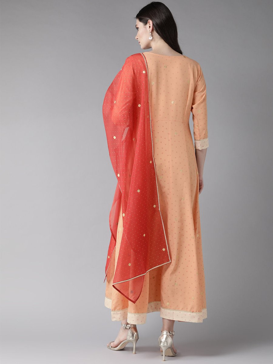 Ahalyaa Peach-Coloured & Rust Orange Printed Maxi Dress With Dupatta | Grocsy