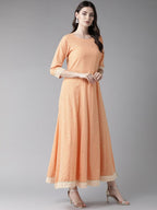 Ahalyaa Peach-Coloured & Rust Orange Printed Maxi Dress With Dupatta | Grocsy