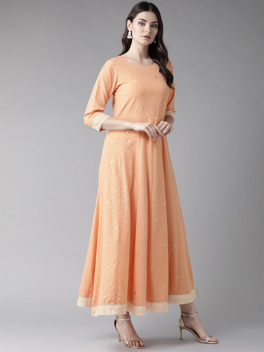 Ahalyaa Peach-Coloured & Rust Orange Printed Maxi Dress With Dupatta | Grocsy
