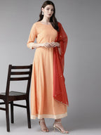 Ahalyaa Peach-Coloured & Rust Orange Printed Maxi Dress With Dupatta | Grocsy