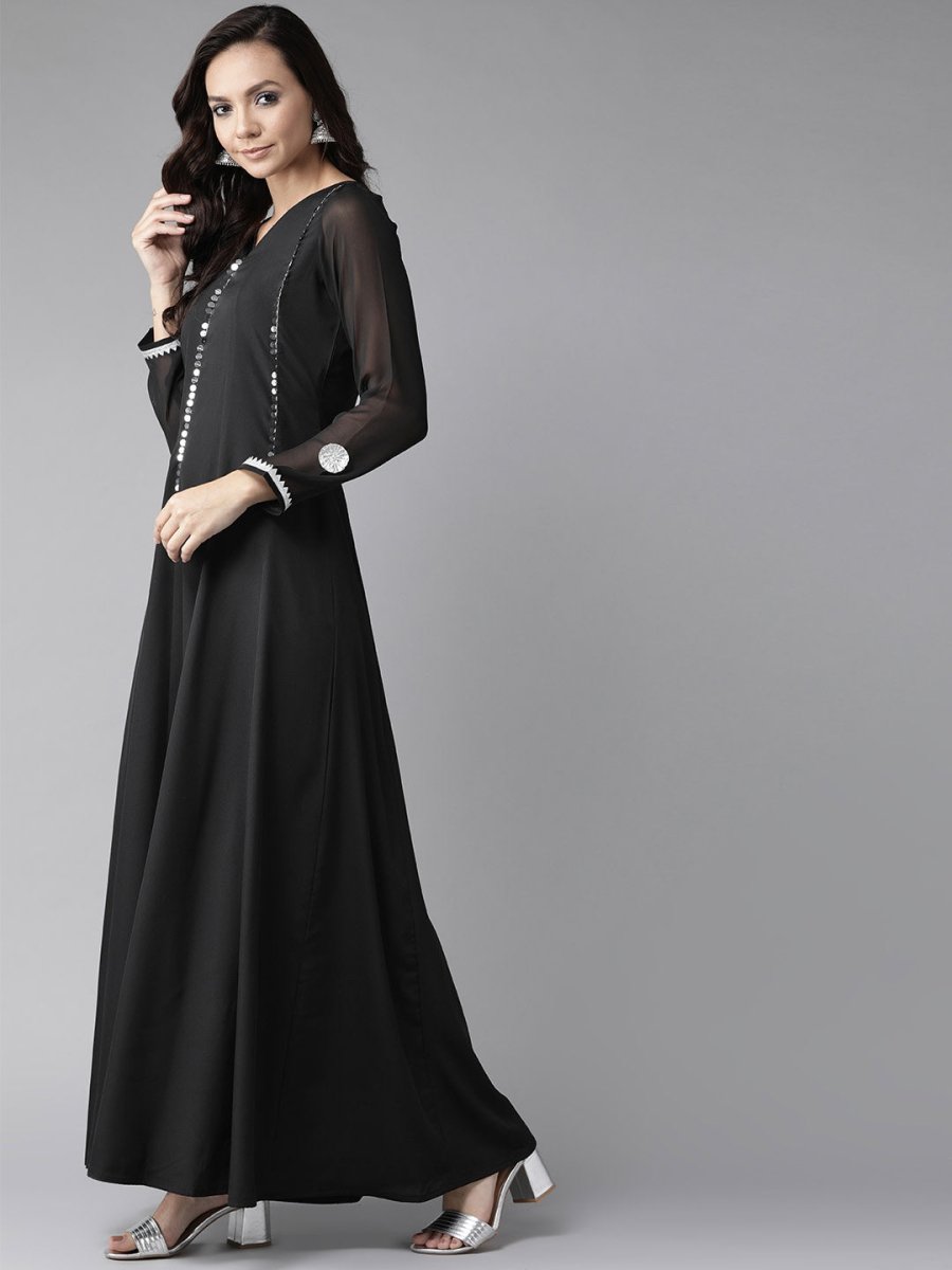 Ahalyaa Black Solid Maxi Dress With Dupatta | Grocsy