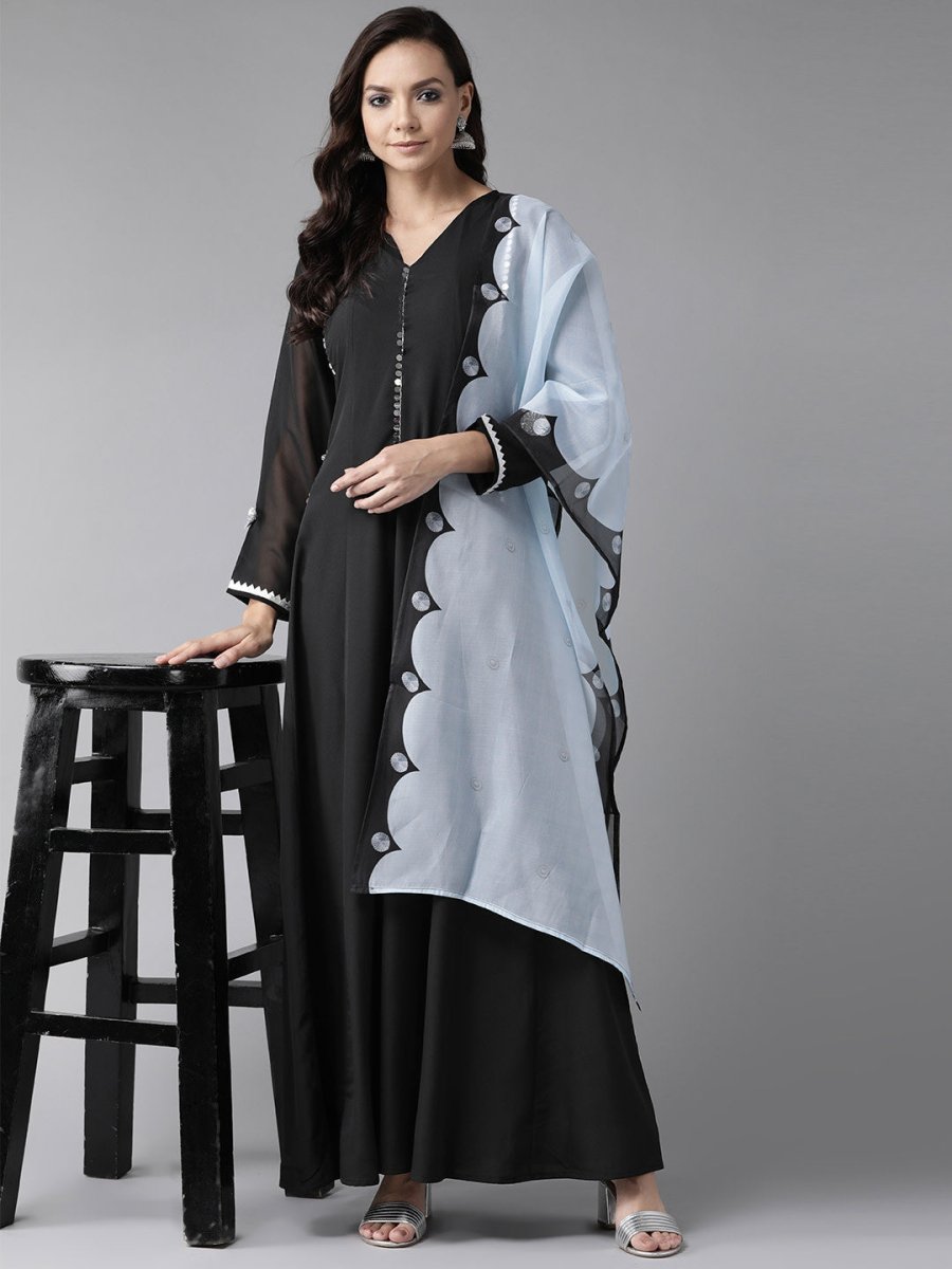 Ahalyaa Black Solid Maxi Dress With Dupatta | Grocsy