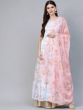 Ahalyaa Blue & Pink Floral Printed Anarkali Kurta with Dupatta | Grocsy