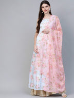Ahalyaa Blue & Pink Floral Printed Anarkali Kurta with Dupatta | Grocsy