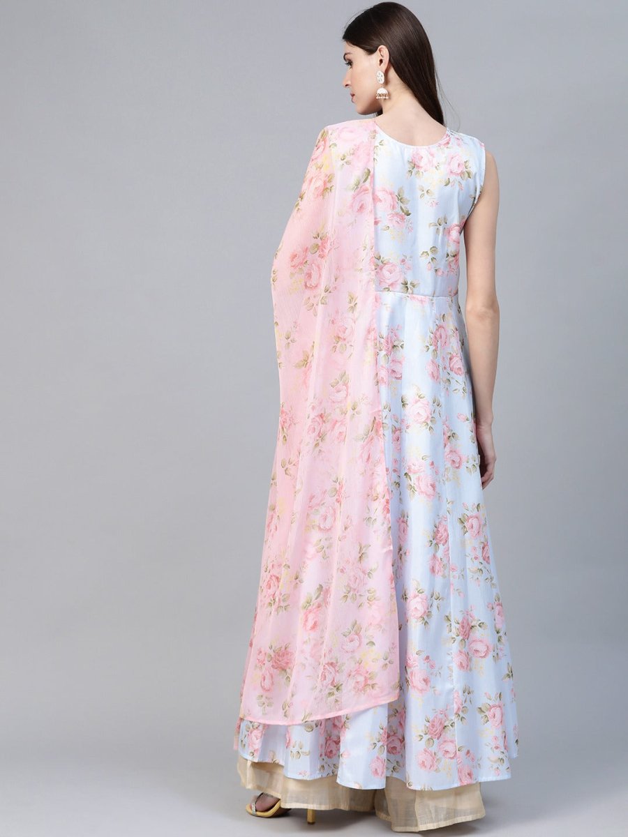 Ahalyaa Blue & Pink Floral Printed Anarkali Kurta with Dupatta | Grocsy
