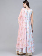 Ahalyaa Blue & Pink Floral Printed Anarkali Kurta with Dupatta | Grocsy