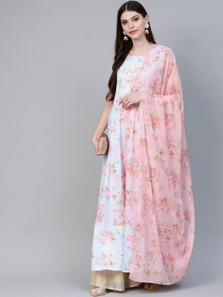 Ahalyaa Blue & Pink Floral Printed Anarkali Kurta with Dupatta | Grocsy