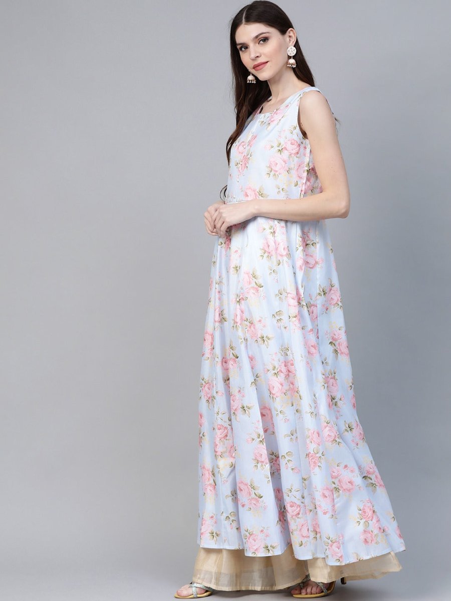 Ahalyaa Blue & Pink Floral Printed Anarkali Kurta with Dupatta | Grocsy